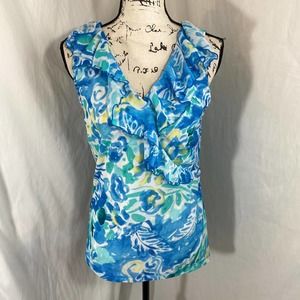 Chaps Woman's V-Neck Ruffle Collar Floral  Sleeveless Blouse Sz L